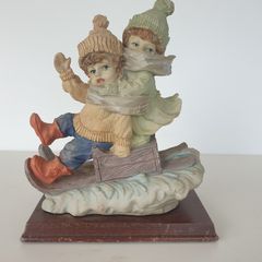 Children on slay sculpture on plinth ceramic vintage