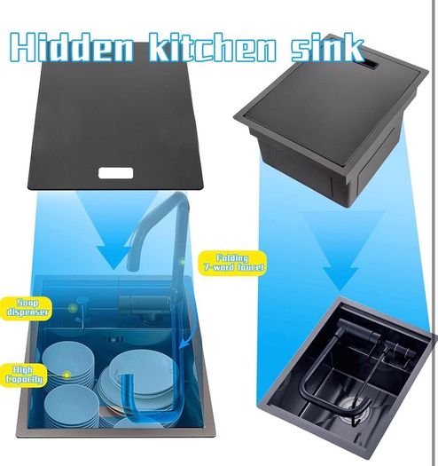 Hidden Concealed Kitchen Bar Sink with Folding Faucet, Hidden Stainless Steel Undermount Workstation Bar Sink for Small Prep RV (Black, 30x45x22CM)
