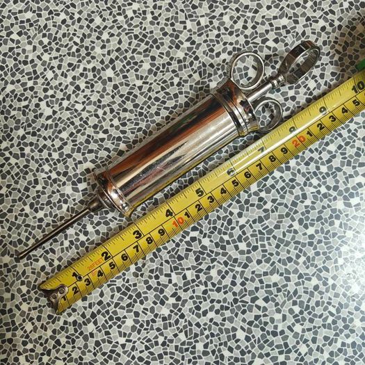 Vintage stainless chrome medical device  "Fannin Dublin" ear syringe  horror prop