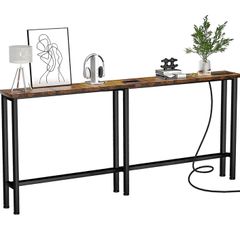 200 cm Behind Sofa Console Table with Power Outlet Rustic Brown Power Outlets & 2 USB Ports,Metal Frame,Perfect for Hallway,Office,Easy Assembly,200 cm Extension Cord