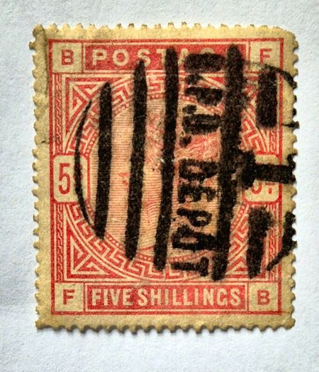 Great Britain 1883 Queen Victoria 5s Shilling Rose SG 180 / 181 - Crisp B.P.O. DEPOT Parcel Cancel. P1f2