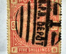 Great Britain 1883 Queen Victoria 5s Shilling Rose SG 180 / 181 - Crisp B.P.O. DEPOT Parcel Cancel. P1f2