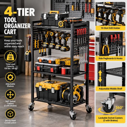 Heavy Duty 4 Tier Tool Organiser Cart with Wheels 150 lbs Rolling Tool Trolley Garage Storage Rack