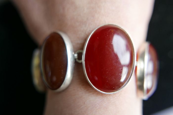 Vintage Sterling Silver 925 Carnelian Link Bracelet with Toggle Clasp L-8,5"  51,28g