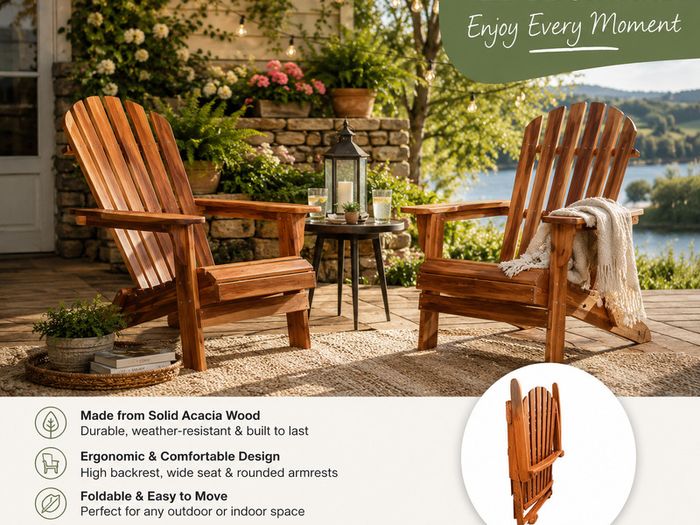 Set of 2 Folding Adirondack Chairs  Solid Acacia Wood Garden Chairs for Patio, Deck, Balcony & Terrace