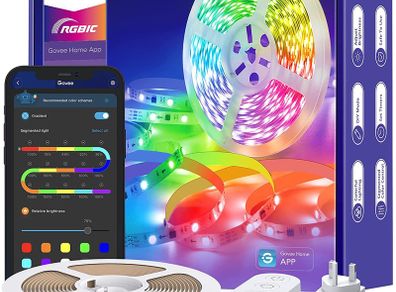 RGBIC LED Strip Lights, 5m Bluetooth LED Lights, Segmented APP Control Rainbow-Like Colour Picking, Music Sync LED Lights for Bedroom, Party, TV