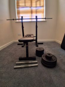 bench press with bar and two dumbbells