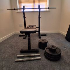 bench press with bar and two dumbbells