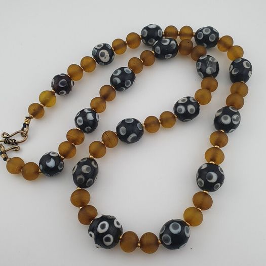 Antique Venetian African Style Eyes & Yellow Brown African Glass Beads Necklaces