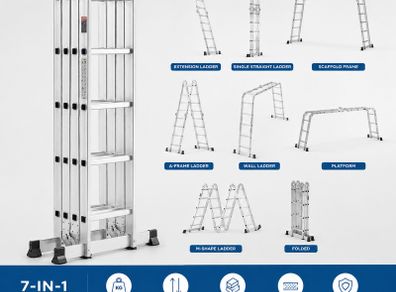 7-in-1 Multi-Purpose Aluminium Ladder 5.75m Folding Extension Ladder 150kg Heavy Duty