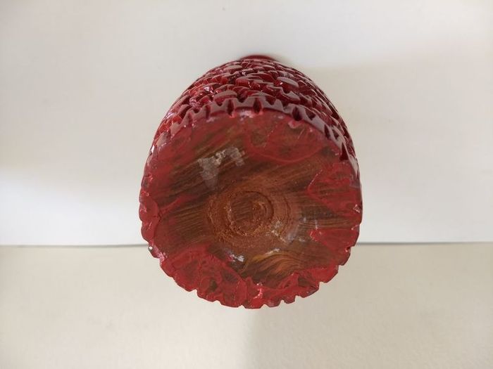 Amazingly Detailed Hand-Carved and Painted Wooden Bottle-Shaped Vase in Red - A Real Unusual Item, Carving reminiscent of a Pineapple!