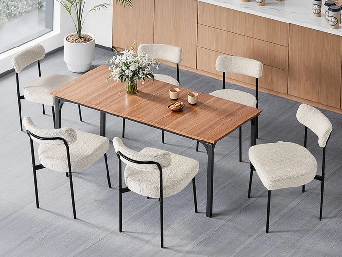 Set of 6 White Boucle Dining Chairs Mid Century Modern Sherpa Accent Chairs, Upholstered Side Chair for Dining Table, Space-Saving White Kitchen Table Chair with Curved Backrest and Black Metal Legs