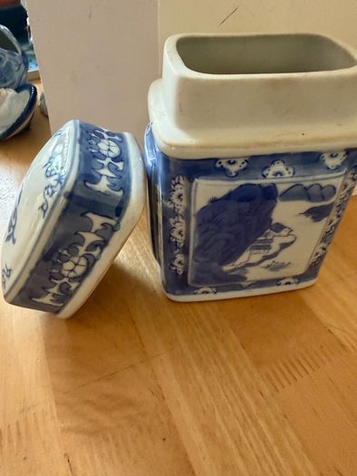 Vintage Asian Blue and White Lidded Ceramic Jar