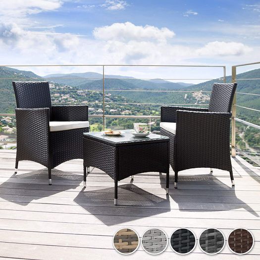_Polyrattan garden set, 2 chairs and small table with glass top, robust steel frame, various colours