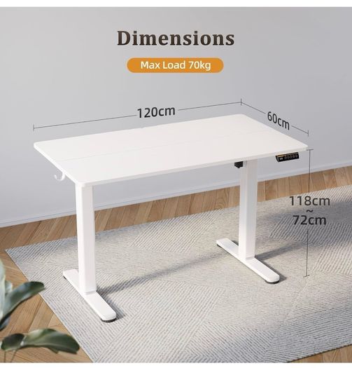Electric Standing Desk 120 x 60cm, Height Adjustable Sit Stand Desk with 3 Memory Presets, Home Office Desk with Anti-Collision System, Quiet Motor, 2 Hooks, White