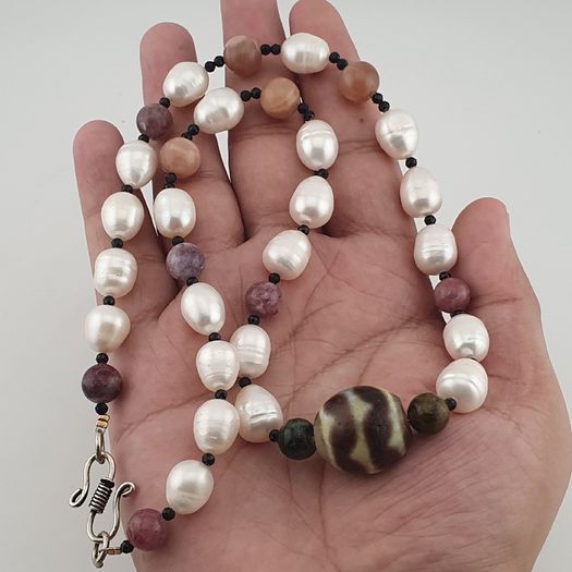 Himalayan Dzi Agate Pendant Necklace with Genuine Freshwater Pearls & Tourmaline