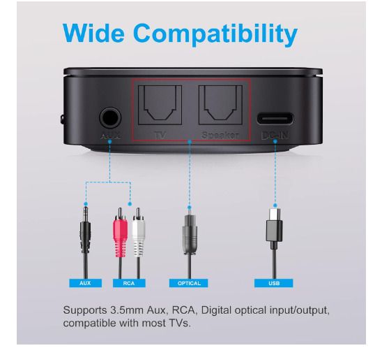 ZIOCOM Bluetooth 5.0 Transmitter Receiver, 2-in-1 Wireless Audio Adapter for TV/PC/ MP3/ Speaker/Home Stereo (Optical, 3.5mm Aux, RCA), Pairs 2 Devices Simultaneously