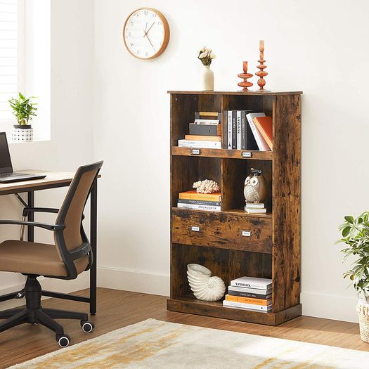 _Bookcase, with 4 levels, bookcase, standing shelf, with label holders and one drawer, for office, living room, bedroom, 67.5 x 30 x 120 cm, vintage brown