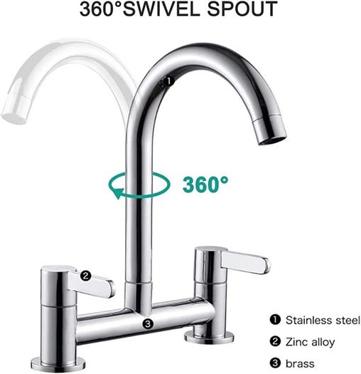 Kitchen Sink Mixer Taps, 2 Hole Kitchen Faucet, 360 Degree Swivel Spout Dual Lever Sink Mixer Tap, Deck Mounted Kitchen Taps, Cold and Hot Mixer Tap, Sink Tap 1/4 Turn with UK Standard Fittings (FREE POSTAGE)