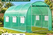 Walk-in Tunnel Greenhouse, 10 x 7 x 7 ft Portable Plant Hot House w/ Galvanized Steel Hoops, 1 Top Beam, Diagonal Poles, Zippered Door &amp; 6 Roll-up Windows, Green