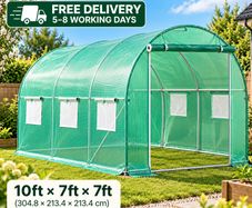 Walk-in Tunnel Greenhouse, 10 x 7 x 7 ft Portable Plant Hot House w/ Galvanized Steel Hoops, 1 Top Beam, Diagonal Poles, Zippered Door & 6 Roll-up Windows, Green