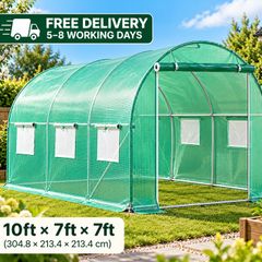 Walk-in Tunnel Greenhouse, 10 x 7 x 7 ft Portable Plant Hot House w/ Galvanized Steel Hoops, 1 Top Beam, Diagonal Poles, Zippered Door & 6 Roll-up Windows, Green