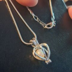 18k White Gold Plated Heart-cage Pearl Pendant Snake Chain