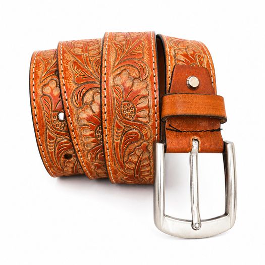 Unisex Genuine Leather Belt Vintage Embossed Design with Antique Buckle Casual & Formal Waist Belt