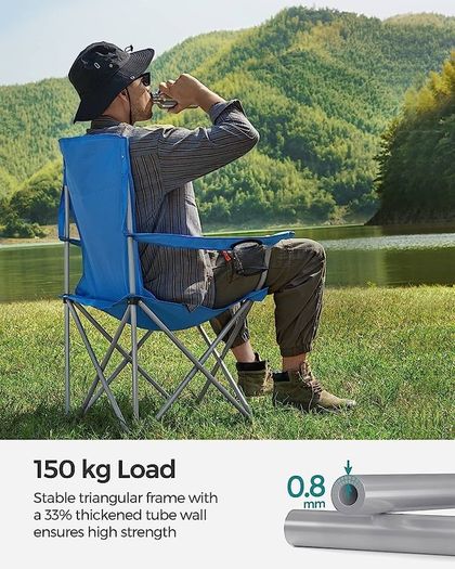 Set of 2 Folding Camping Chairs, Comfortable, Heavy Duty Structure, Max. Load Capacity 150 kg, with Cup Holder, Outdoor Chairs, Blue (FREE SHIPPING)