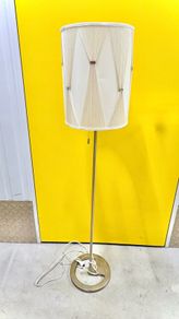 Polished steel pull cord floor lamp. Whit & beige shade.