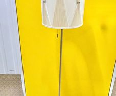 Polished steel pull cord floor lamp. Whit & beige shade.