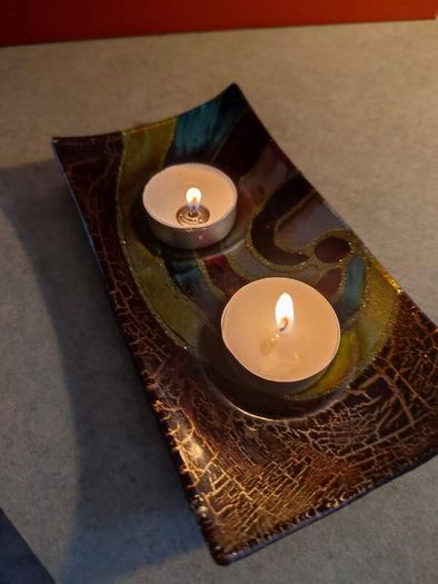 Studio Art Glass Hand Painted Multi-Color Double Tea Light Votive Candle Holder