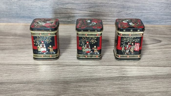 oriental asian vintage X3 empty tea tin set container collectables