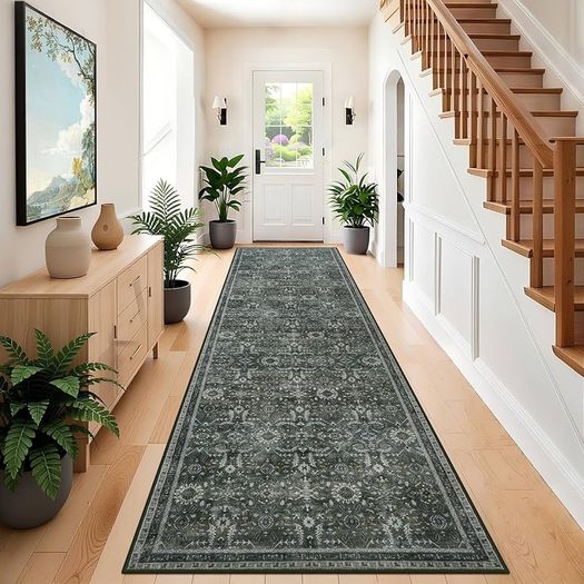 Runner Rug Washable Vintage Boho Carpet Runners for Hallways Non Slip 80x300cm Extra Long Green Runner Floor Mat for Door Kitchen Bedroom Living Room Laundry Home