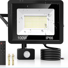 100W Security Lights Outdoor Motion Sensor PIR Flood Light Remote Control IP66 Waterproof, 9000LM, 144 LEDs, Cool White, 6500K, Outdoor Lights Mains Powered for Garden Corridor Entrance Backyard