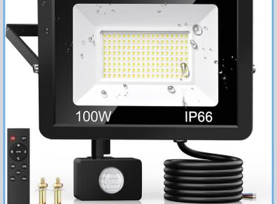 100W Security Lights Outdoor Motion Sensor PIR Flood Light Remote Control IP66 Waterproof, 9000LM, 144 LEDs, Cool White, 6500K, Outdoor Lights Mains Powered for Garden Corridor Entrance Backyard