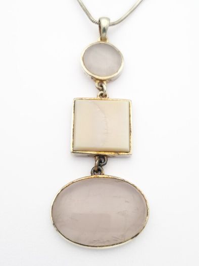 925 Vintage Sterling Silver Rose Quartz & Mother Of Pearl Necklace