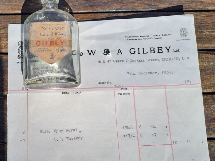 Gilbeys Spey Royal Scotch Whiskey Bottle, Showcard & Invoice