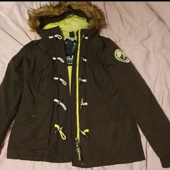 Superdry women's dark green (khaki) winter parka with a fur hood and toggle fastening