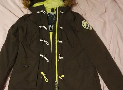 Superdry women's dark green (khaki) winter parka with a fur hood and toggle fastening