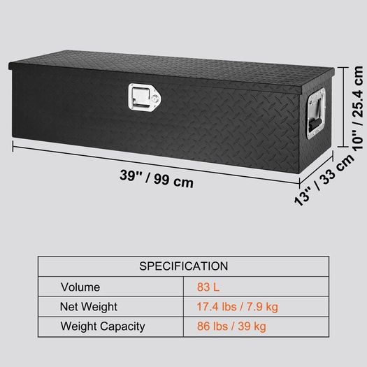 83L Heavy Duty Aluminium Truck Tool Box, Diamond Plate Storage Chest with Lock and Side Handles, Black, 990 x 330 x 254 mm