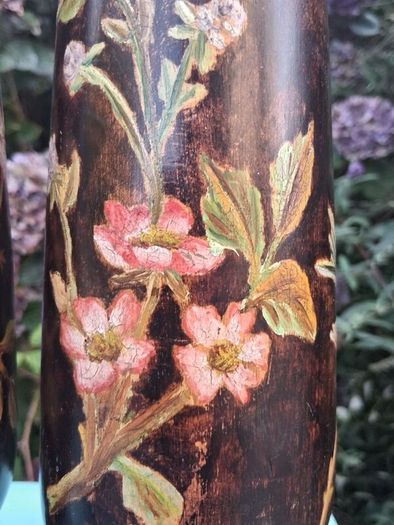Stunning Pair Of Hand Painted Art Nouveau Hardwood  Candlesticks 12"