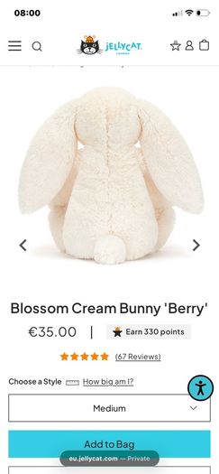 New JELLYCAT Medium Blossom Cream Berry Bunny