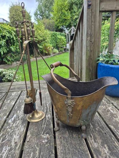 Brass Coal Bucket and Fire Irons