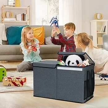 Large Toy Chest Storage Organizer Box with Lid, Collapsible Fabric Box Container Bin for Home, Nursery, Playroom Boys Girls Toys Organizing, Grey