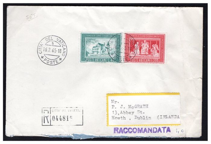 1964 Vatican The 500th Anniversary of Nicolaus Cusanus Commemorative Stamps Used on  cover to Ireland. Cancel of 16/02/1965
