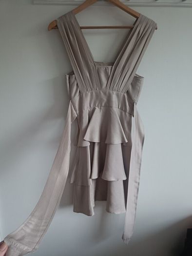 Spotlight by Warehouse Taupe/Champagne Satin Ruffle Dress - Size UK 8 (EU 36)