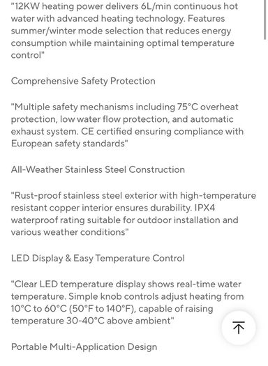 12KW LPG Instant Water Heater 6L/min Stainless Steel Tankless Propane Boiler with CE for Home Camping Outdoor Use