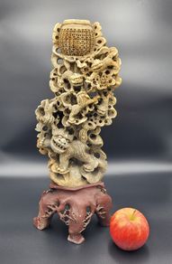 Large Antique 19th/20th Century Chinese Qing Soapstone Foo Dog Carving