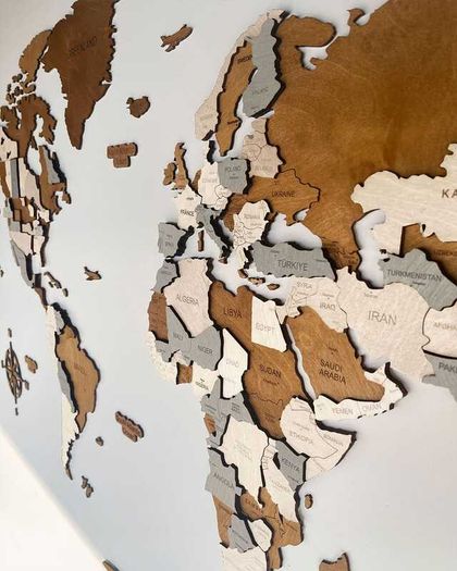 3D Classic Wooden World Map with Country Borders Country Names Capital Names US and Canada Borders and Names 3D Map Effect